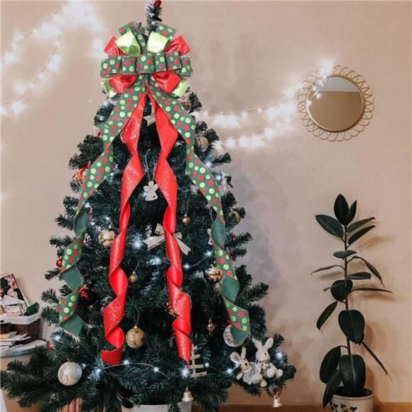 Christmas Tree Topper Wreath Bow Large Green Christmas Bow Tree Topper 52"x13" - Picture 5 of 8